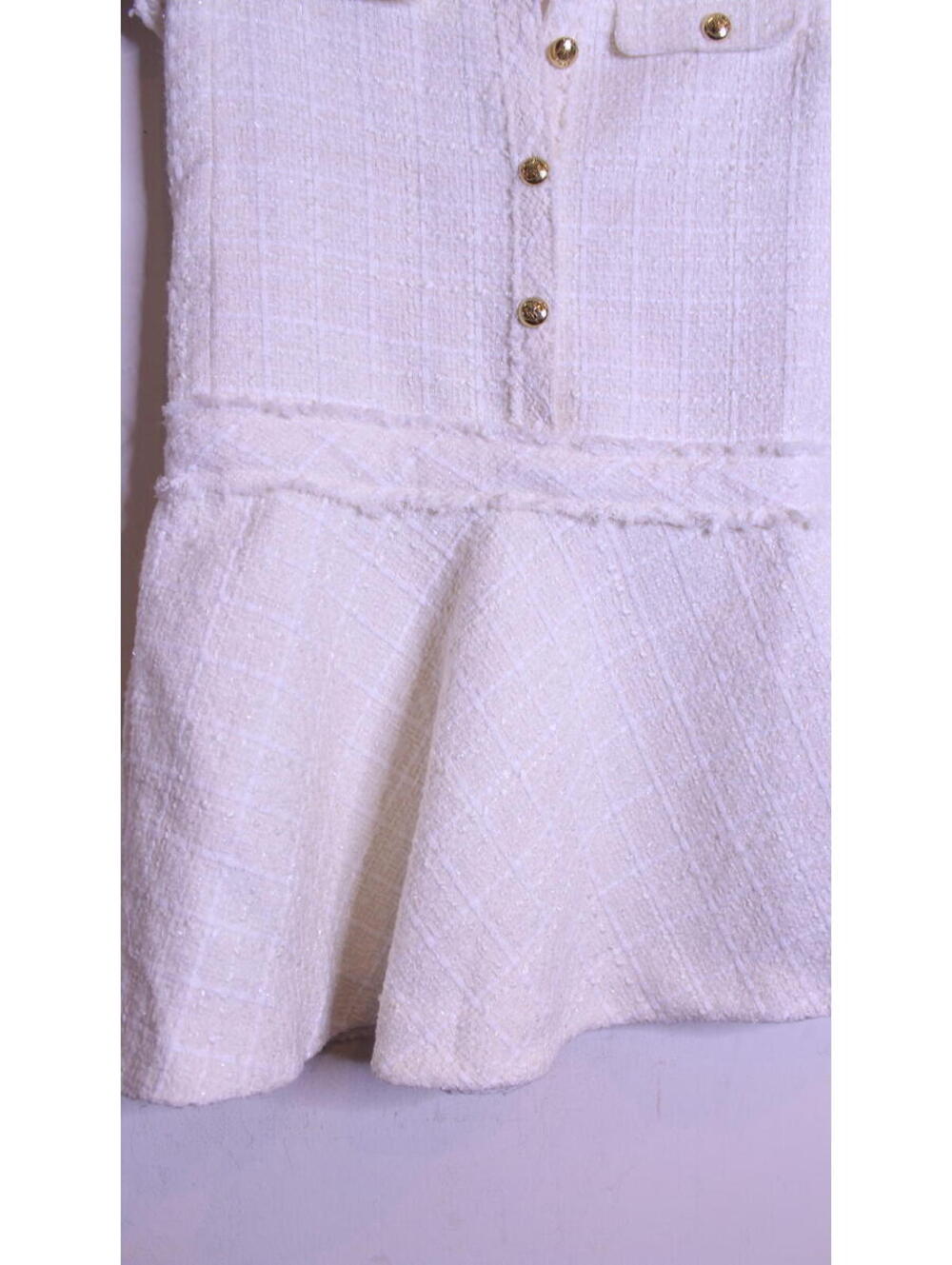 Zara White Textured Short Sleeve Tweed Dress with Gold Buttons - Picture 4 of 7